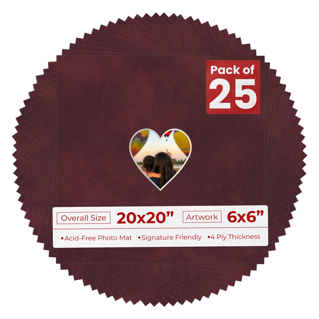 Dark Red Suede Mat Board for 20x20 Frames - Heart Opening for 6x6 Photos